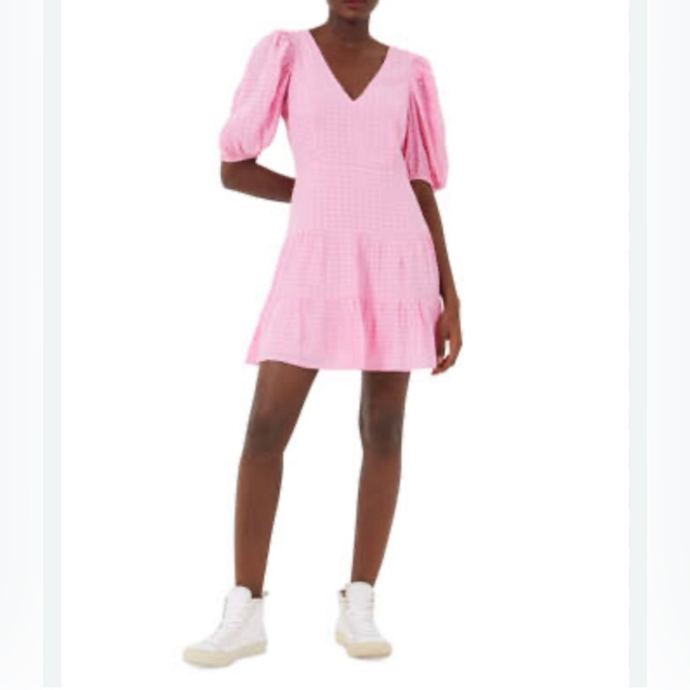 New French Connection Pink V-Neck Puff Sleeve mini Dress baby doll sweet  8